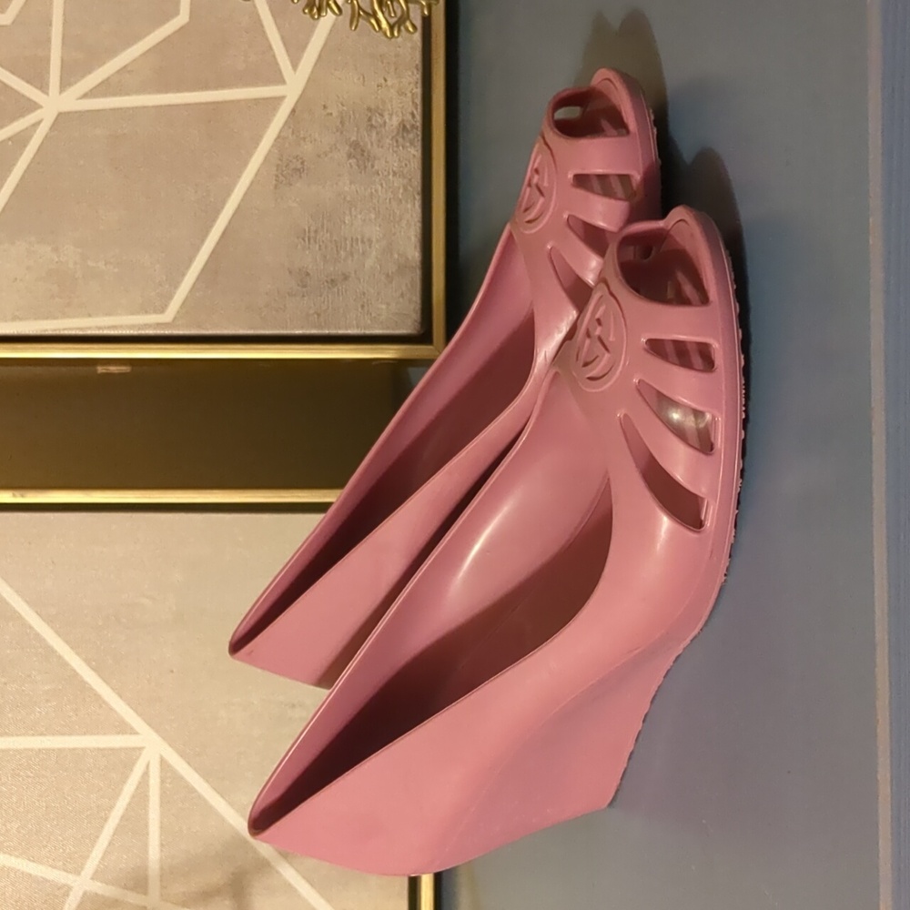 Gucci Pink Wedge Sandals with Peep-Toe Design